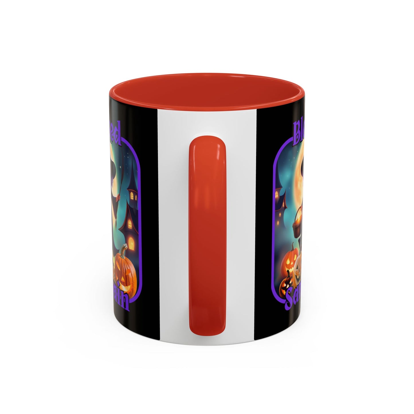 Blessed Samhain Little Witch Purple font Black Accent Mug by CreepyCrafts.boo
