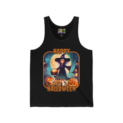 Happy Halloween Little Witch Orange font Unisex Jersey Tank Top by CreepyCrafts.boo