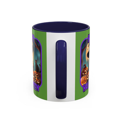 Happy Halloween Cute Witch Purple font Green Accent Mug by CreepyCrafts.boo