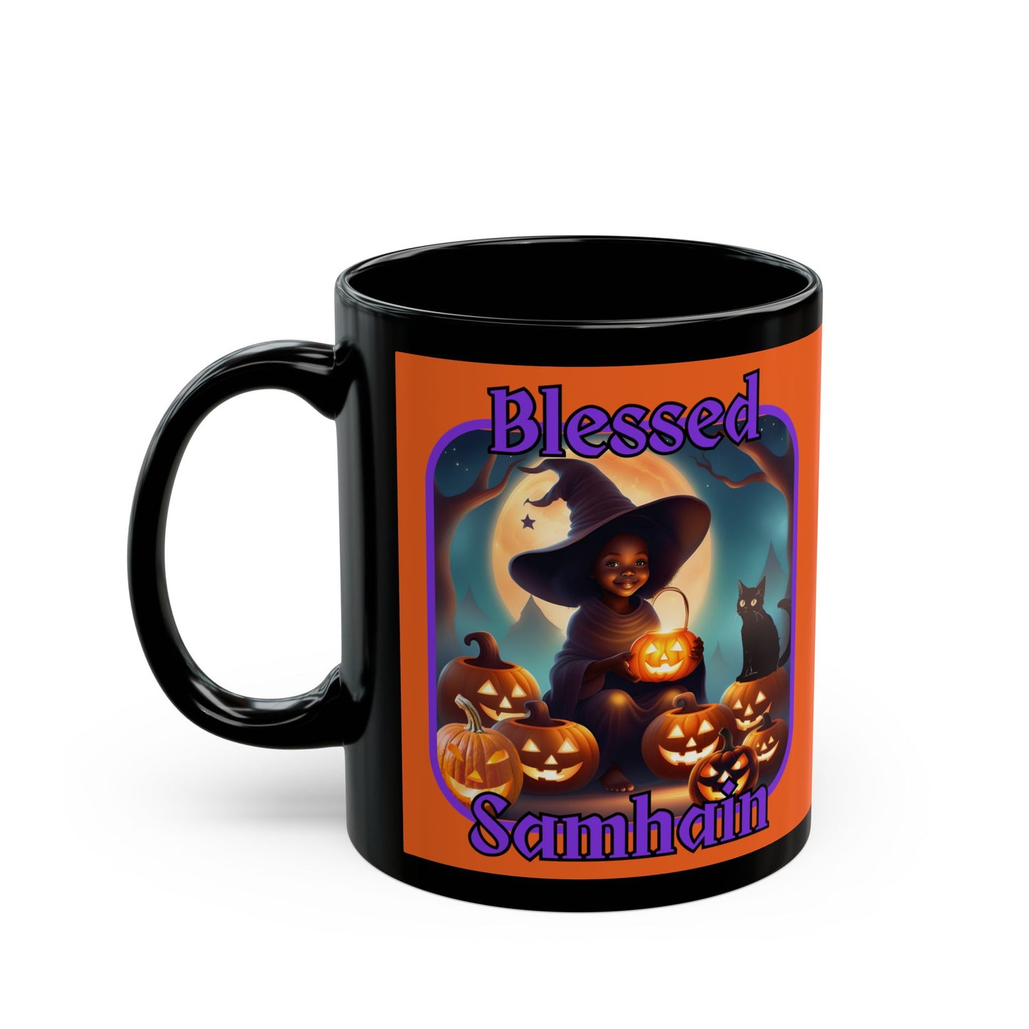 Blessed Samhain Cute Witch Purple font Orange Mug by CreepyCrafts.boo