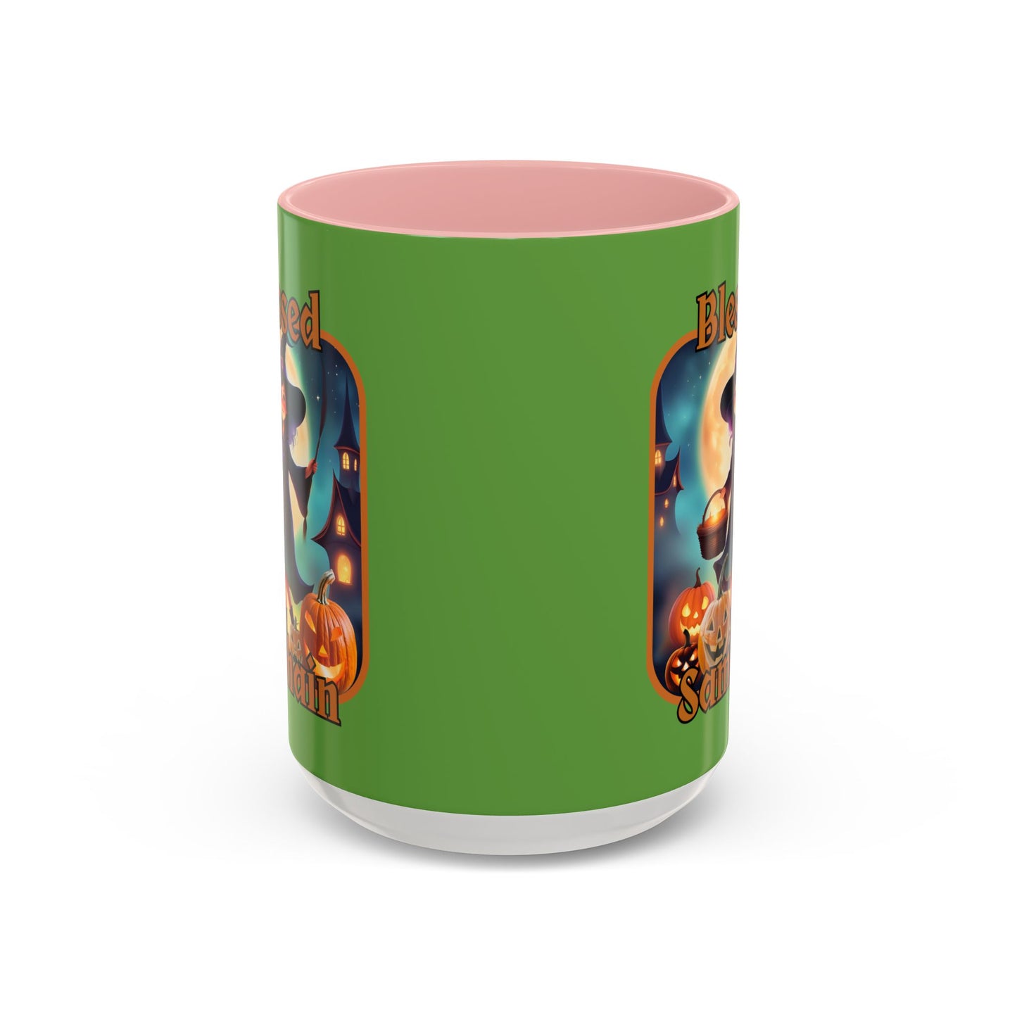 Blessed Samhain Little Witch Orange font Green Accent Mug by CreepyCrafts.boo