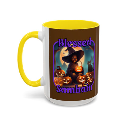 Blessed Samhain Cute Witch Purple font Brown Accent Mug by CreepyCrafts.boo