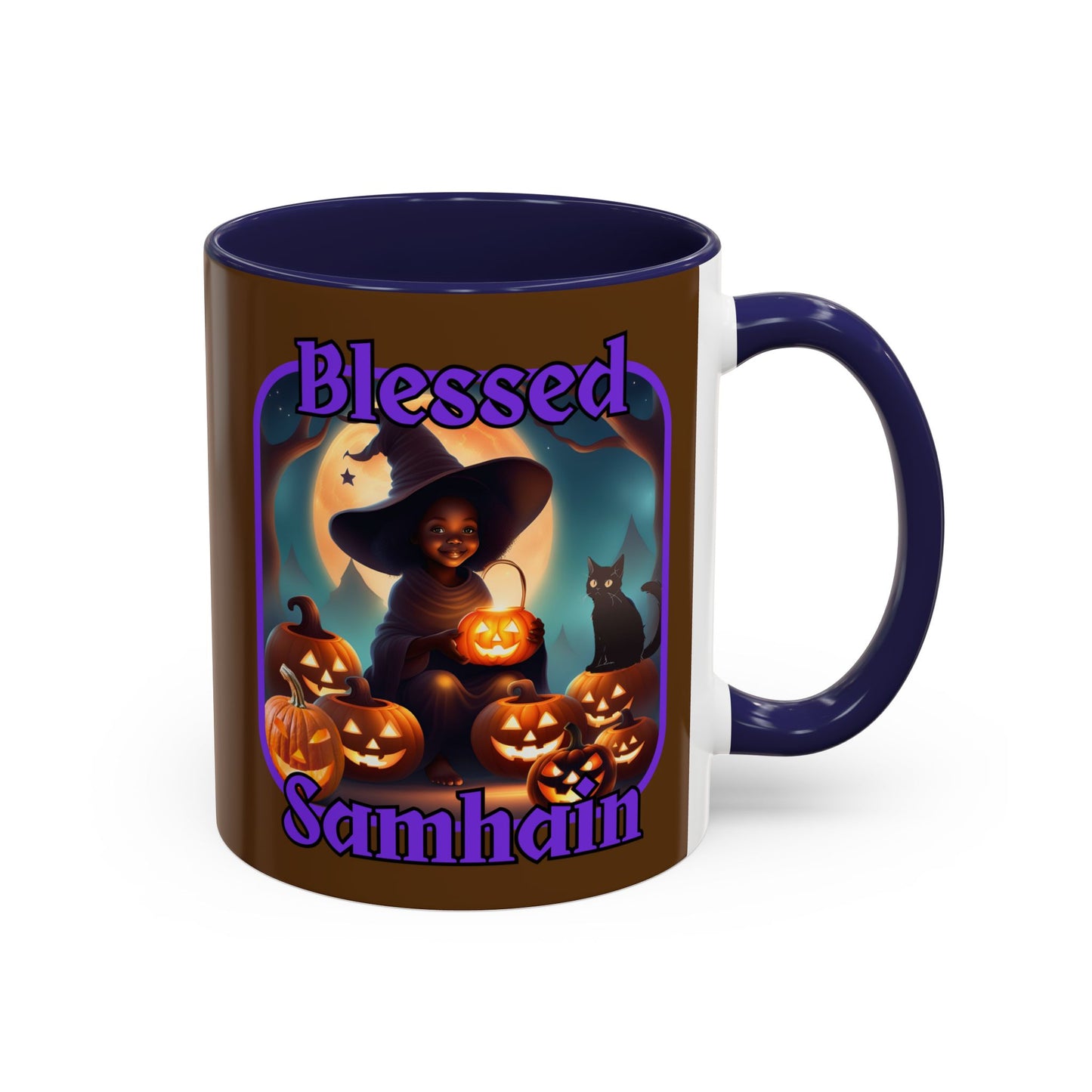 Blessed Samhain Cute Witch Purple font Brown Accent Mug by CreepyCrafts.boo