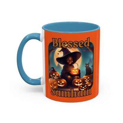 Blessed Samhain Cute Witch Orange font Orange Accent Mug by CreepyCrafts.boo