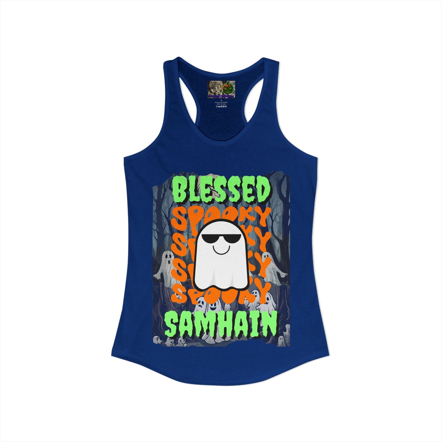 Spooky Blessed Samhain Ghost Green font Women's Racerback Tank Top by CreepyCrafts.boo