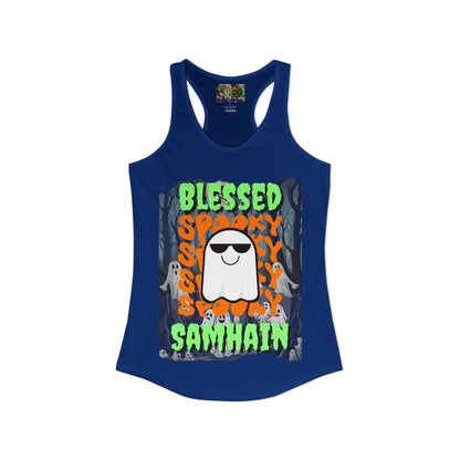 Spooky Blessed Samhain Ghost Green font Women's Racerback Tank Top by CreepyCrafts.boo