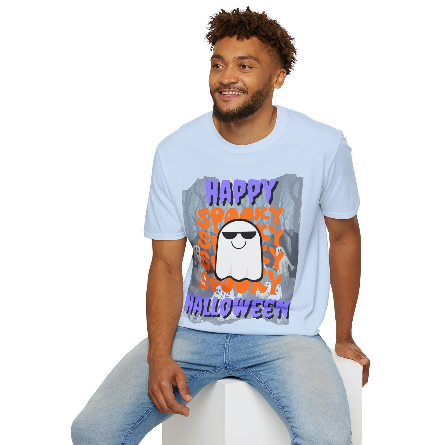 Spooky Happy Halloween Ghost Light colors Purple font Unisex T-Shirt by CreepyCrafts.boo