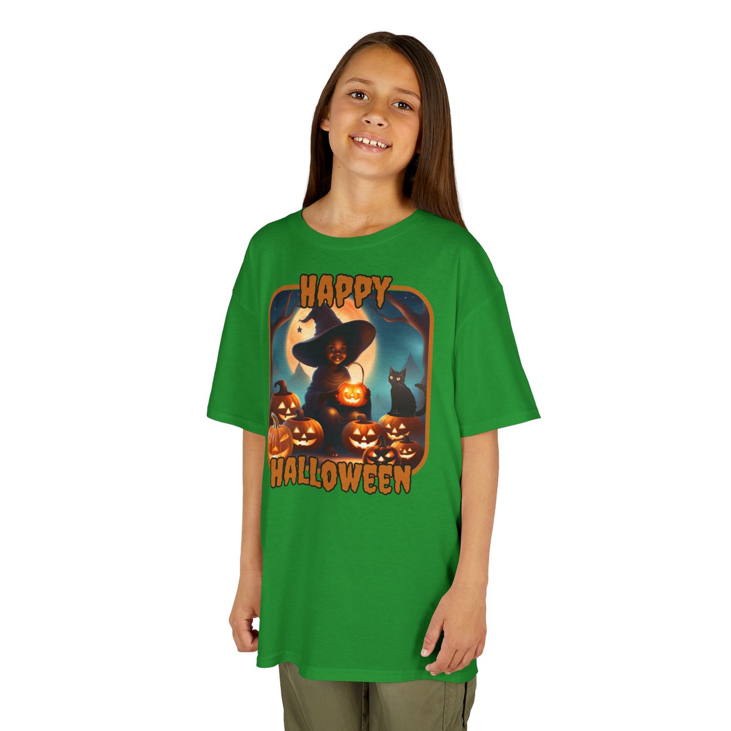Happy Halloween Cute Witch Orange font Kids Heavy Cotton™ Tee by CreepyCrafts.boo