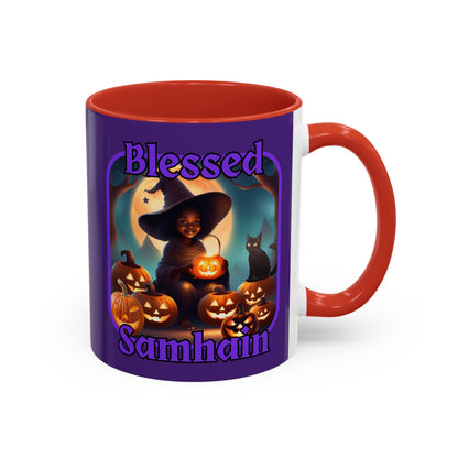 Blessed Samhain Cute Witch Purple font Purple Accent Mug by CreepyCrafts.boo