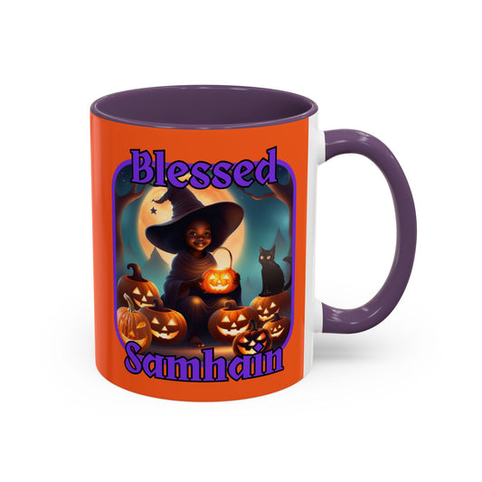 Blessed Samhain Cute Witch Purple font Orange Accent Mug by CreepyCrafts.boo