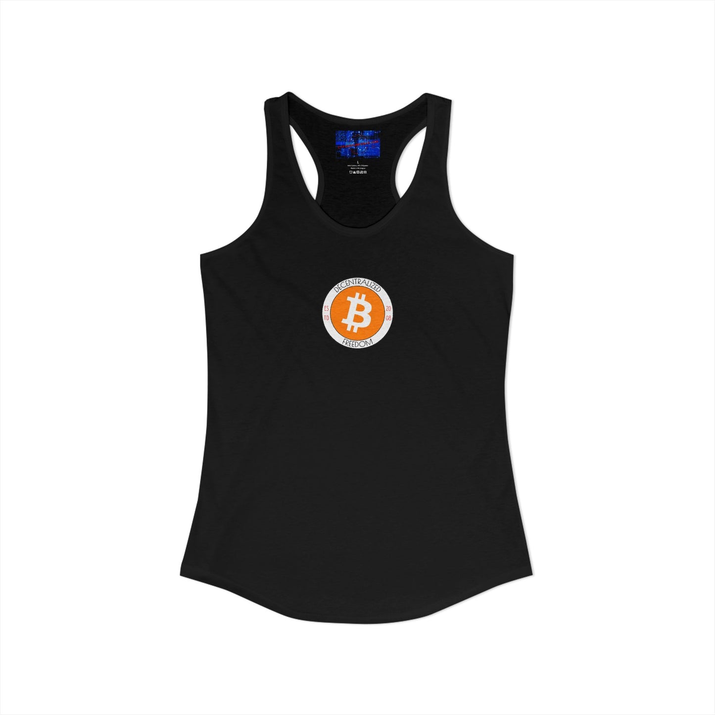 2-sided, Bitcoin (BTC) Decentralized Freedom Women's Racerback Tank Top by cypherpunkgear.com