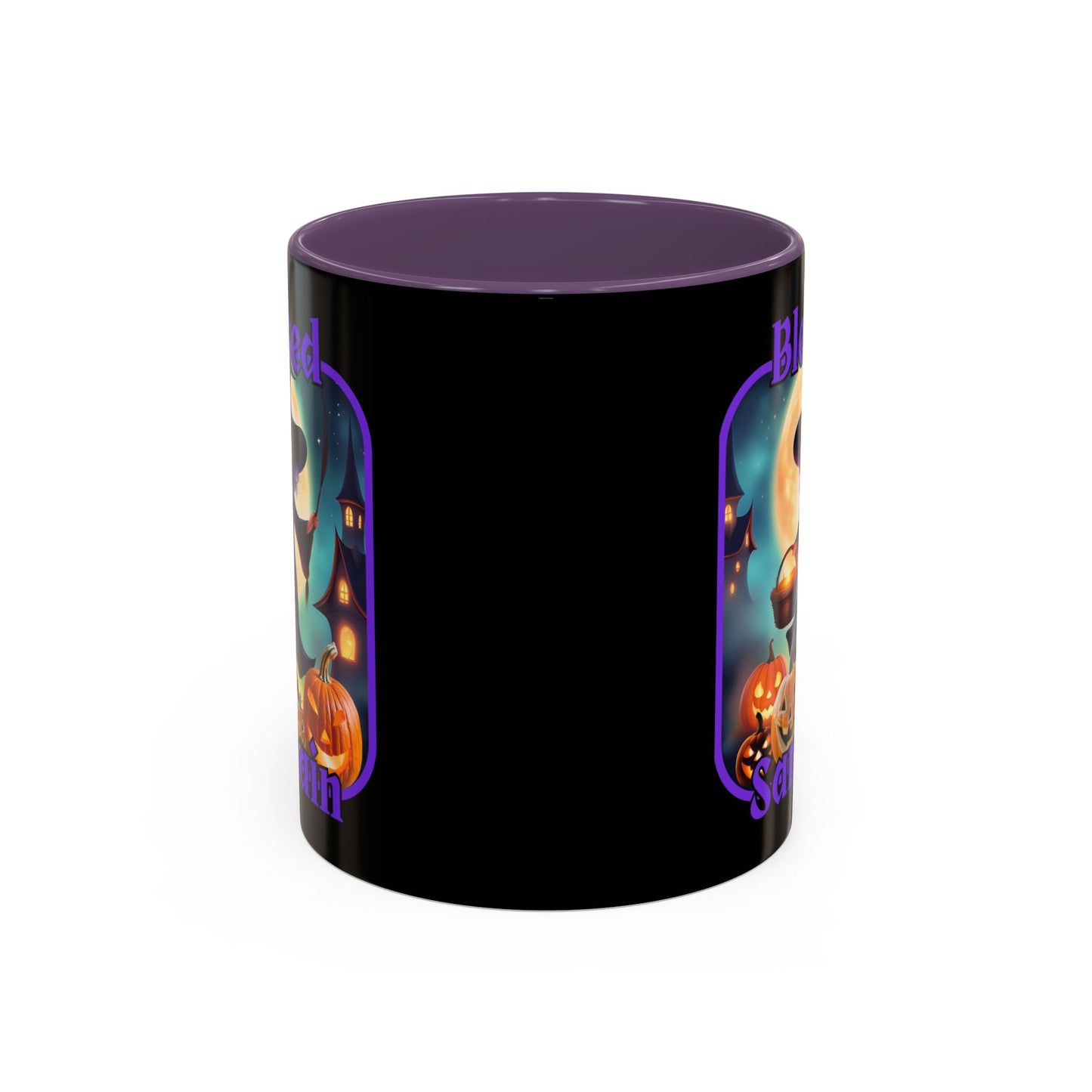 Blessed Samhain Little Witch Purple font Black Accent Mug by CreepyCrafts.boo