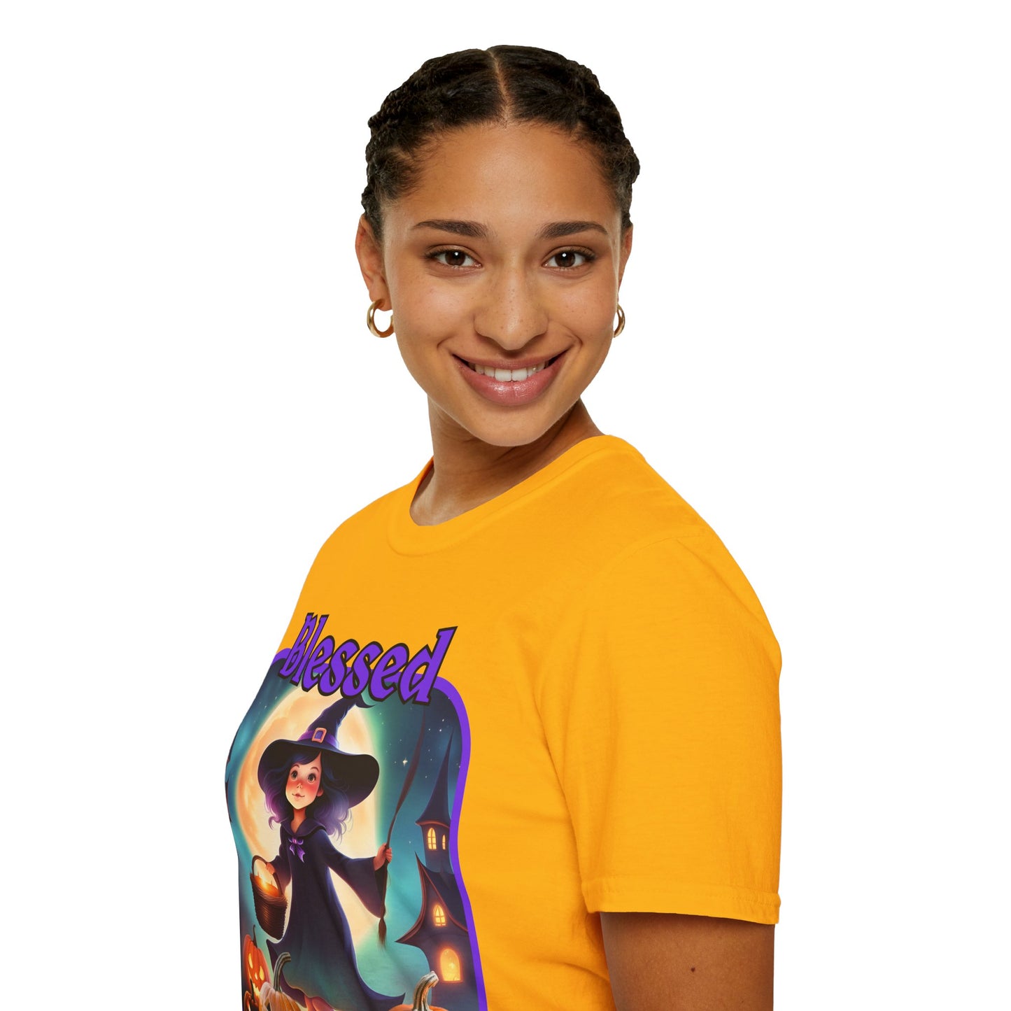 Blessed Samhain Little Witch Purple font Light colors Unisex T-Shirt by CreepyCrafts.boo