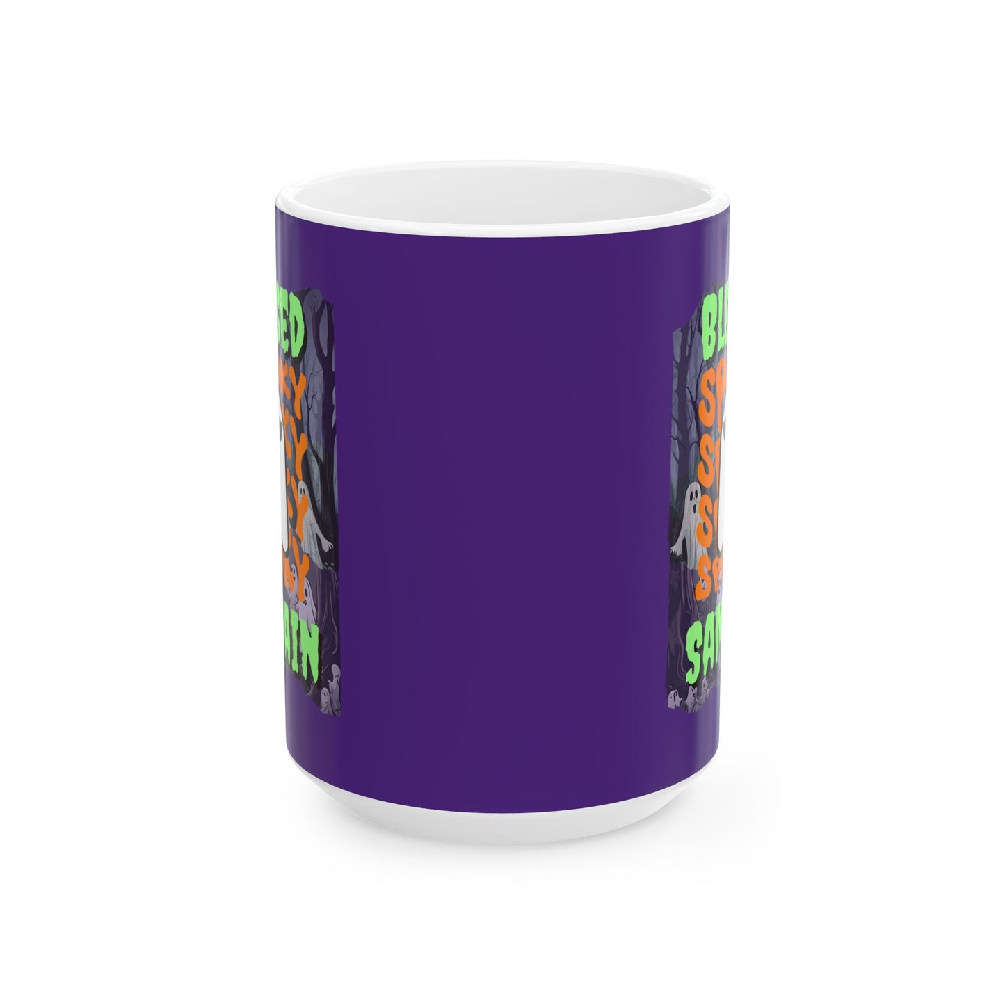 Spooky Blessed Samhain Ghost Green font Purple Mug by CreepyCrafts.boo