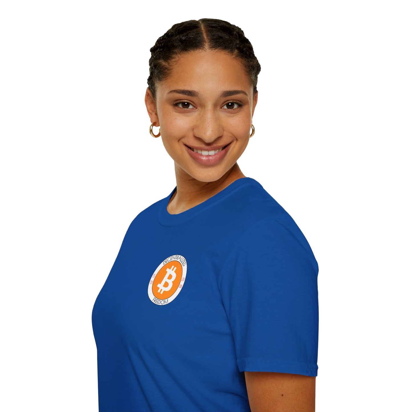 2-sided Bitcoin (BTC) Decentralized Freedom DKcolors Unisex T-Shirt by cypherpunkgear