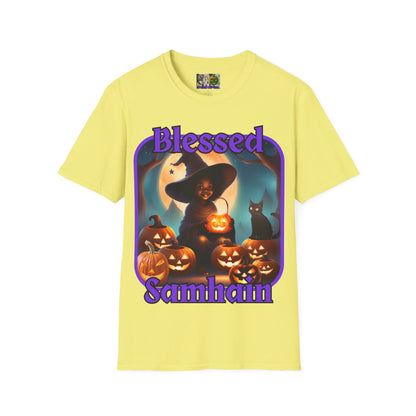 Blessed Samhain Cute Witch Purple font Light colors Unisex T-Shirt by CreepyCrafts.boo