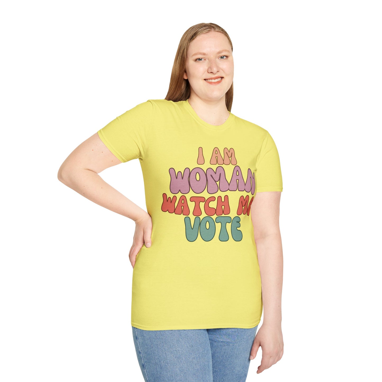 I Am Woman Watch Me Vote Light colors Unisex T-Shirt by cypherpunkgear.com