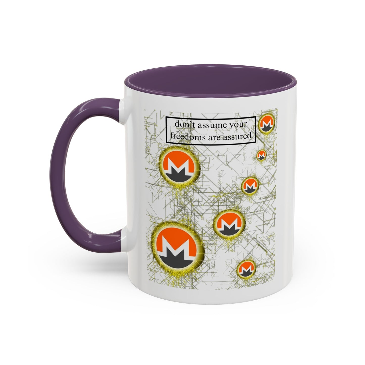 Monero (XMR) don't assume your freedoms are assured White Accent Mug by cypherpunkgear.com
