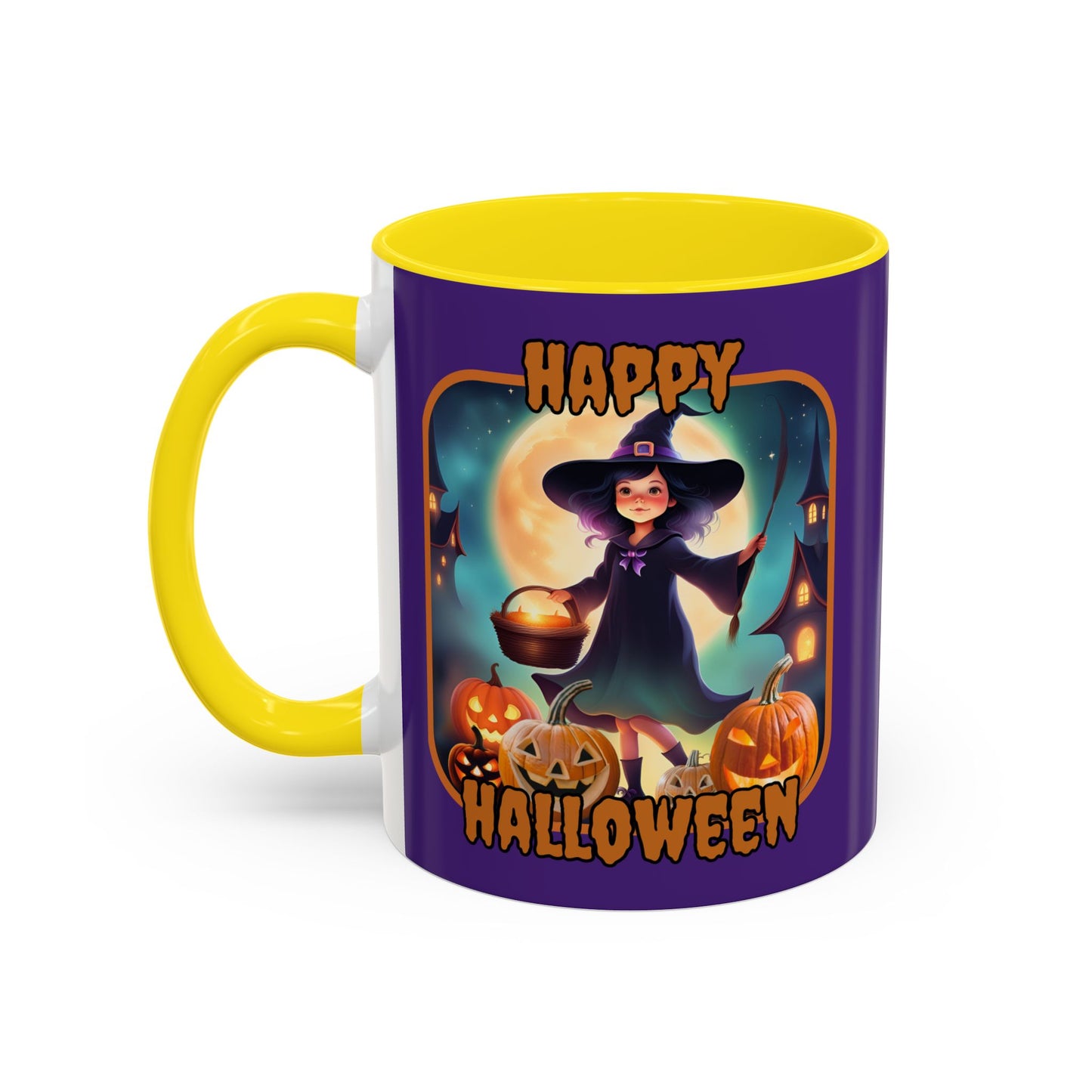 Happy Halloween Little Witch Orange font Purple Accent Mug by CreepyCrafts.boo