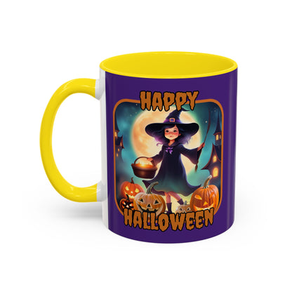 Happy Halloween Little Witch Orange font Purple Accent Mug by CreepyCrafts.boo