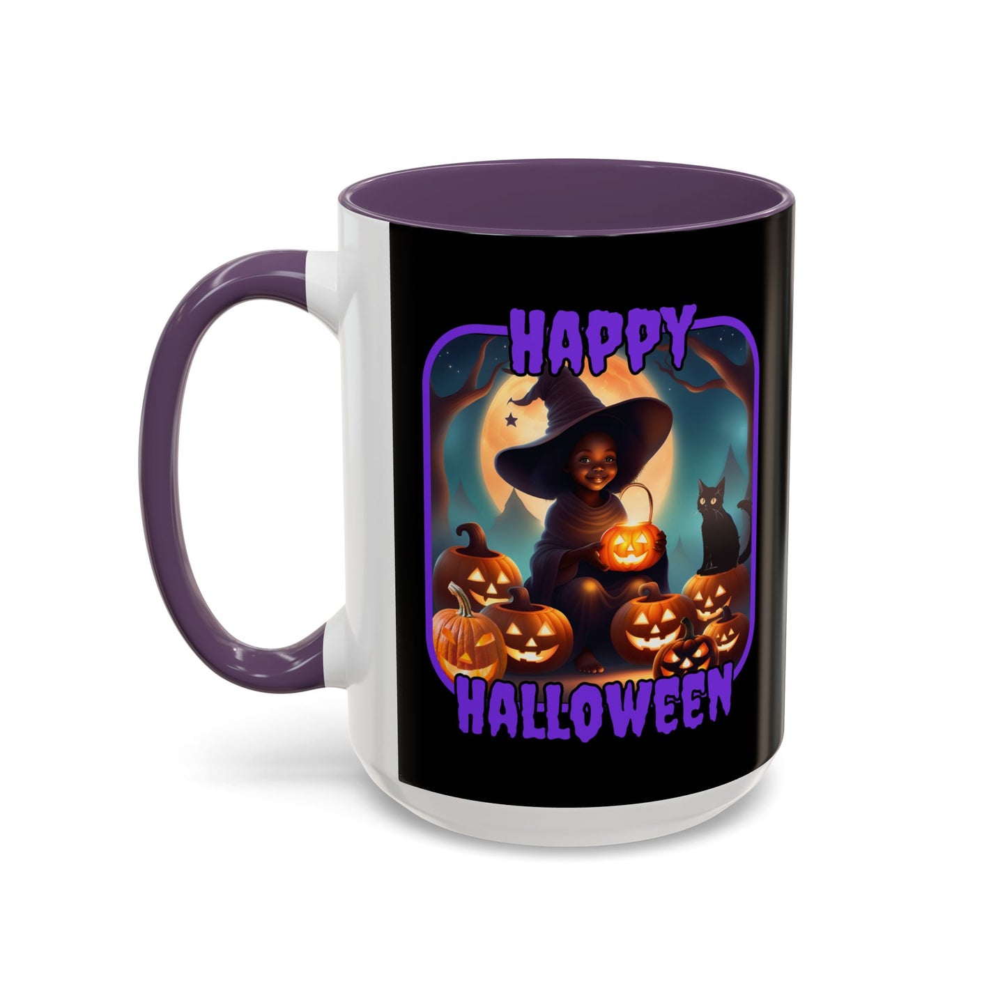 Happy Halloween Cute Witch Purple font Black Accent Mug by CreepyCrafts.boo
