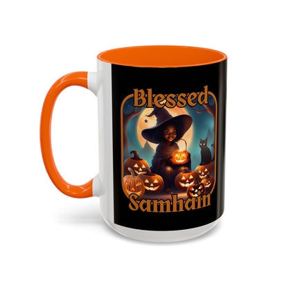 Blessed Samhain Cute Witch Orange font Black Accent Mug by CreepyCrafts.boo