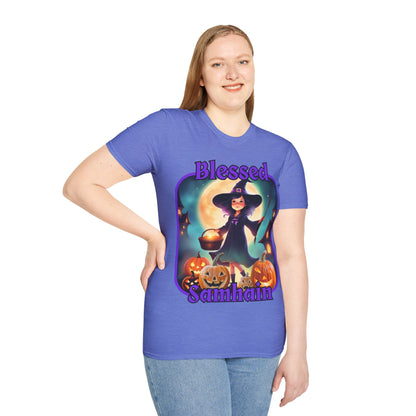 Blessed Samhain Little Witch Purple font Light colors Unisex T-Shirt by CreepyCrafts.boo