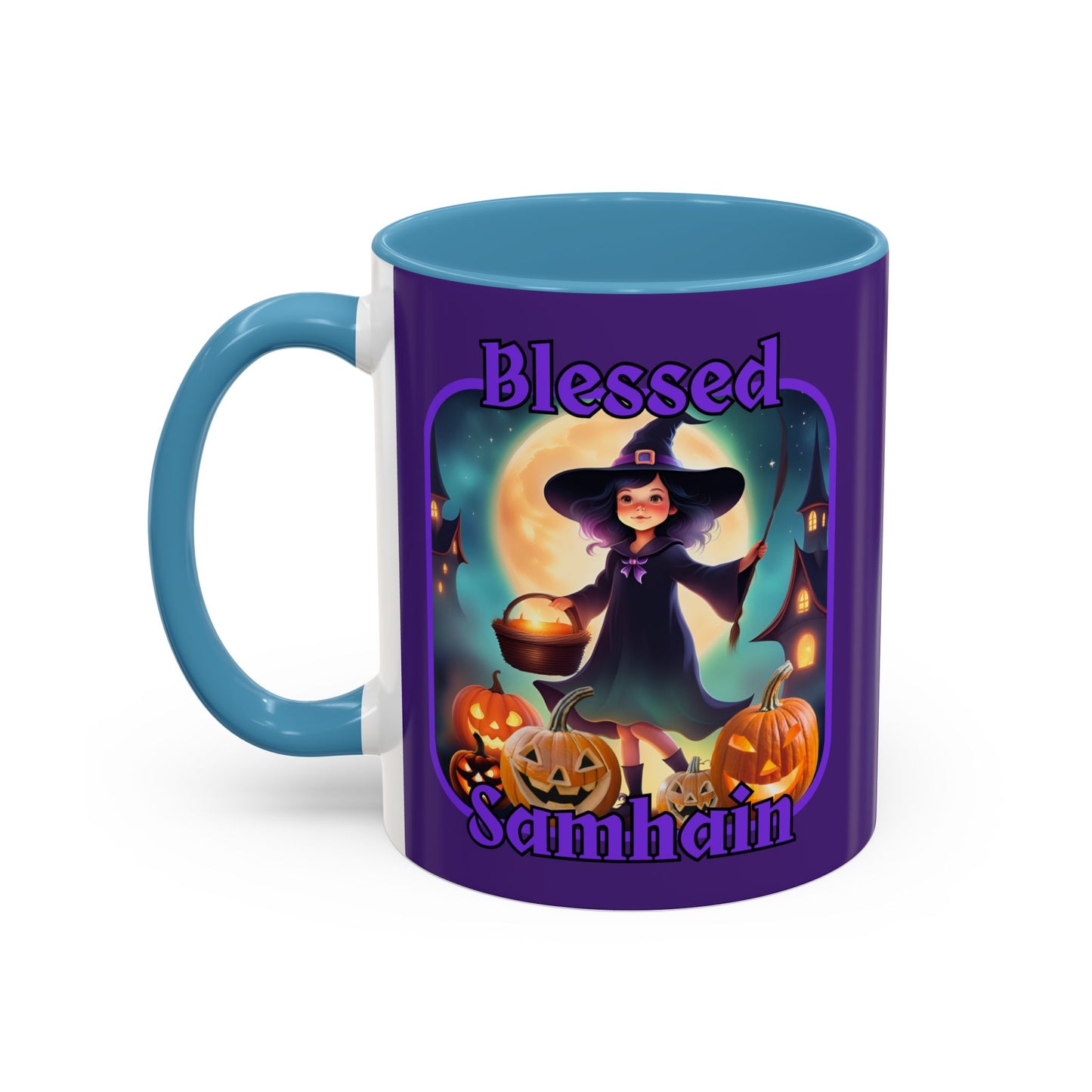 Blessed Samhain Little Witch Purple font Purple Accent Mug by CreepyCrafts.boo