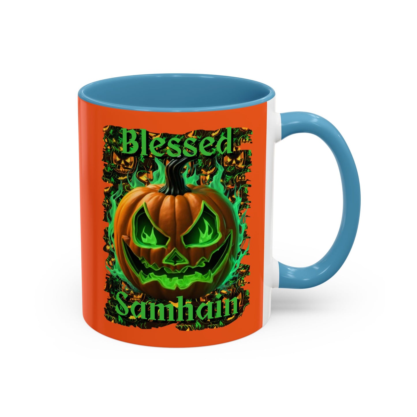 Blessed Samhain Green Jack Orange Accent Mug by CreepyCrafts.boo