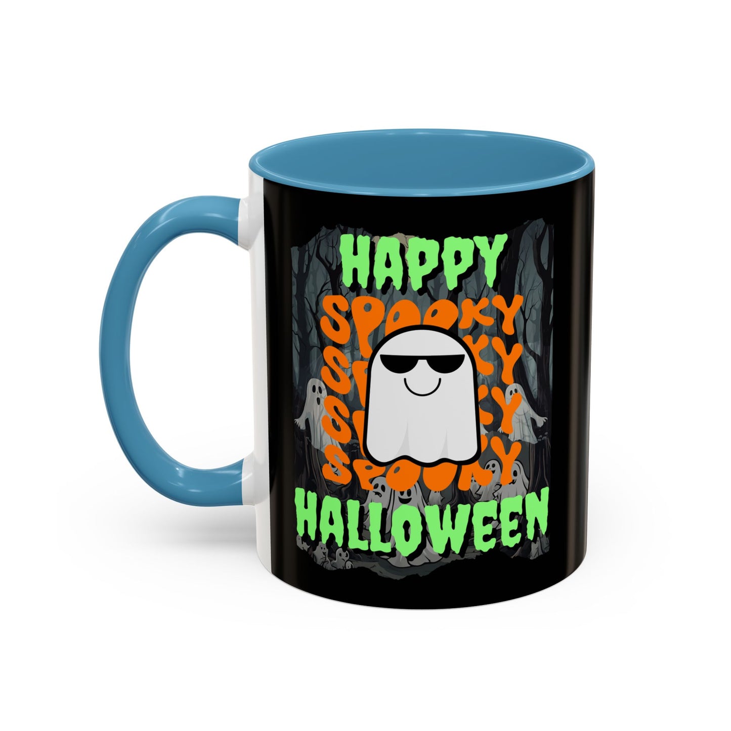 Spooky Happy Halloween Ghost Green font Black Accent Mug by CreepyCrafts.boo