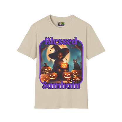 Blessed Samhain Cute Witch Purple font Light colors Unisex T-Shirt by CreepyCrafts.boo