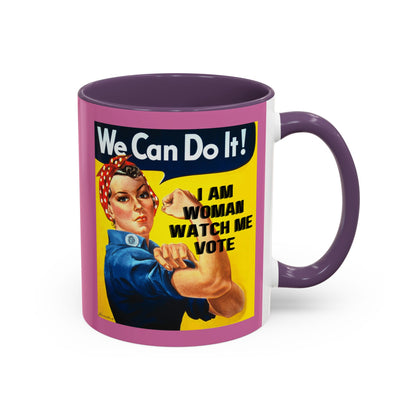 I Am Woman Watch Me Vote Rosie Pink Accent Mug by cypherpunkgear.com