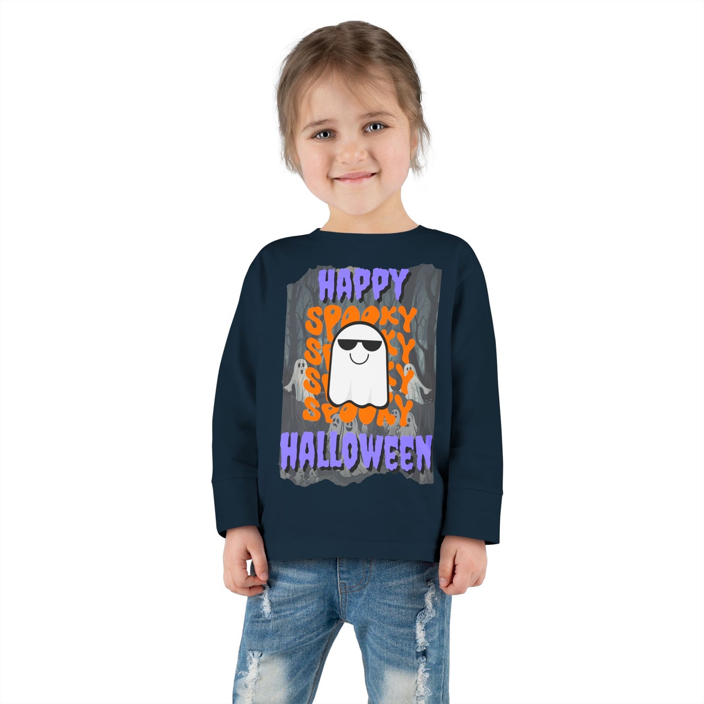 Spooky Happy Halloween Ghost Purple font Toddler Long Sleeve Tee by CreepyCrafts.boo