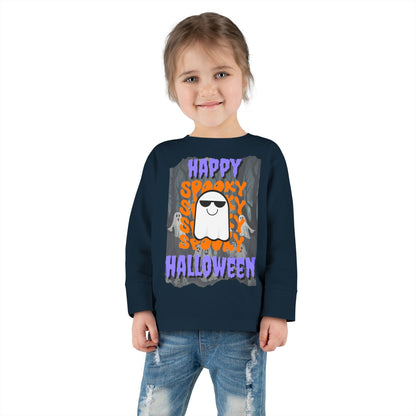 Spooky Happy Halloween Ghost Purple font Toddler Long Sleeve Tee by CreepyCrafts.boo