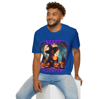 Happy Halloween Cute Witch Purple font Dark colors Unisex T-Shirt by CreepyCrafts.boo