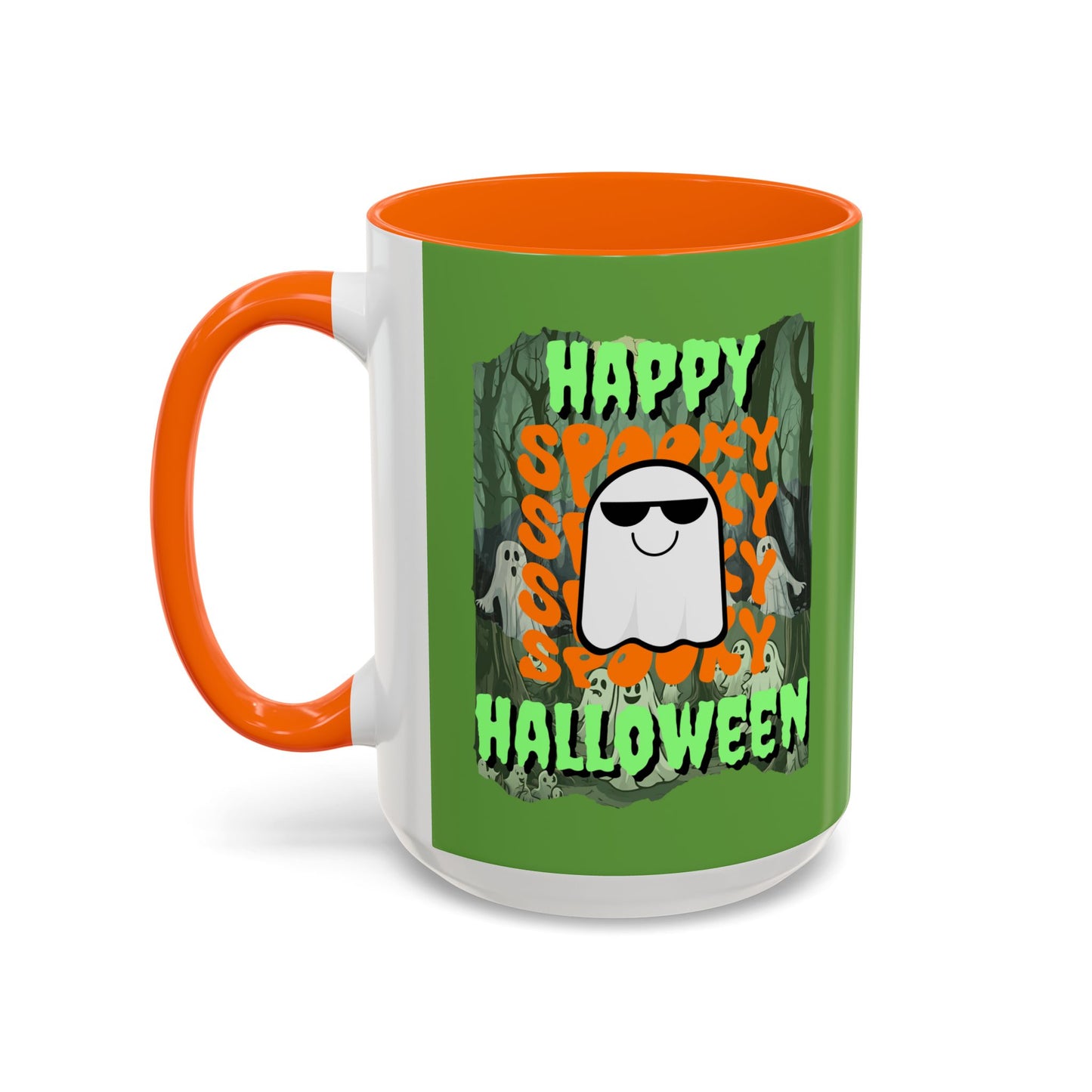 Spooky Happy Halloween Ghost Green font Green Accent Mug by CreepyCrafts.boo