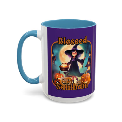 Blessed Samhain Little Witch Orange font Purple Accent Mug by CreepyCrafts.boo