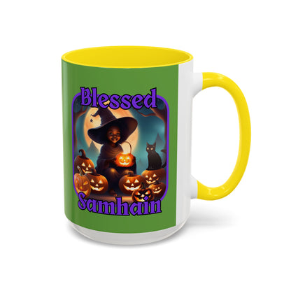Blessed Samhain Cute Witch Purple font Green Accent Mug by CreepyCrafts.boo