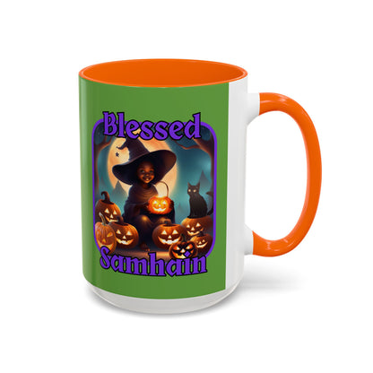 Blessed Samhain Cute Witch Purple font Green Accent Mug by CreepyCrafts.boo