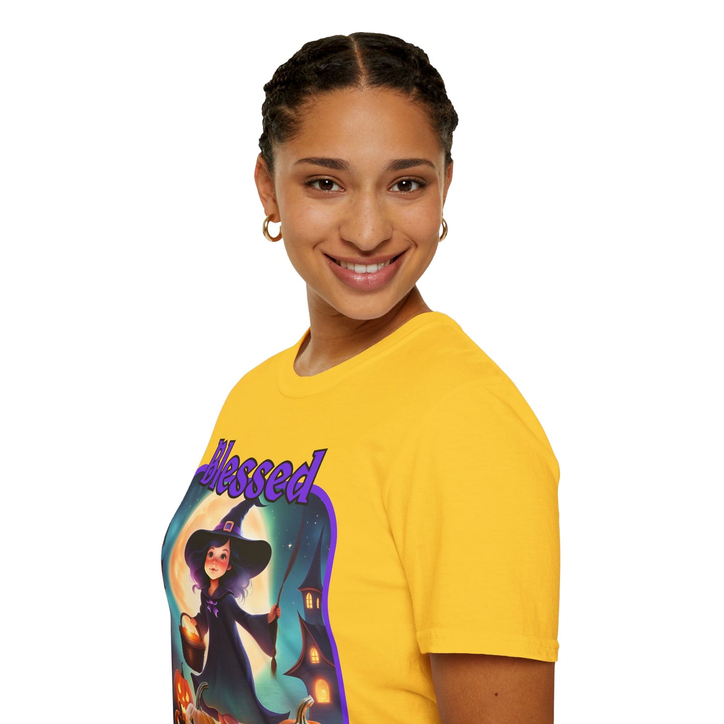 Blessed Samhain Little Witch Purple font Light colors Unisex T-Shirt by CreepyCrafts.boo