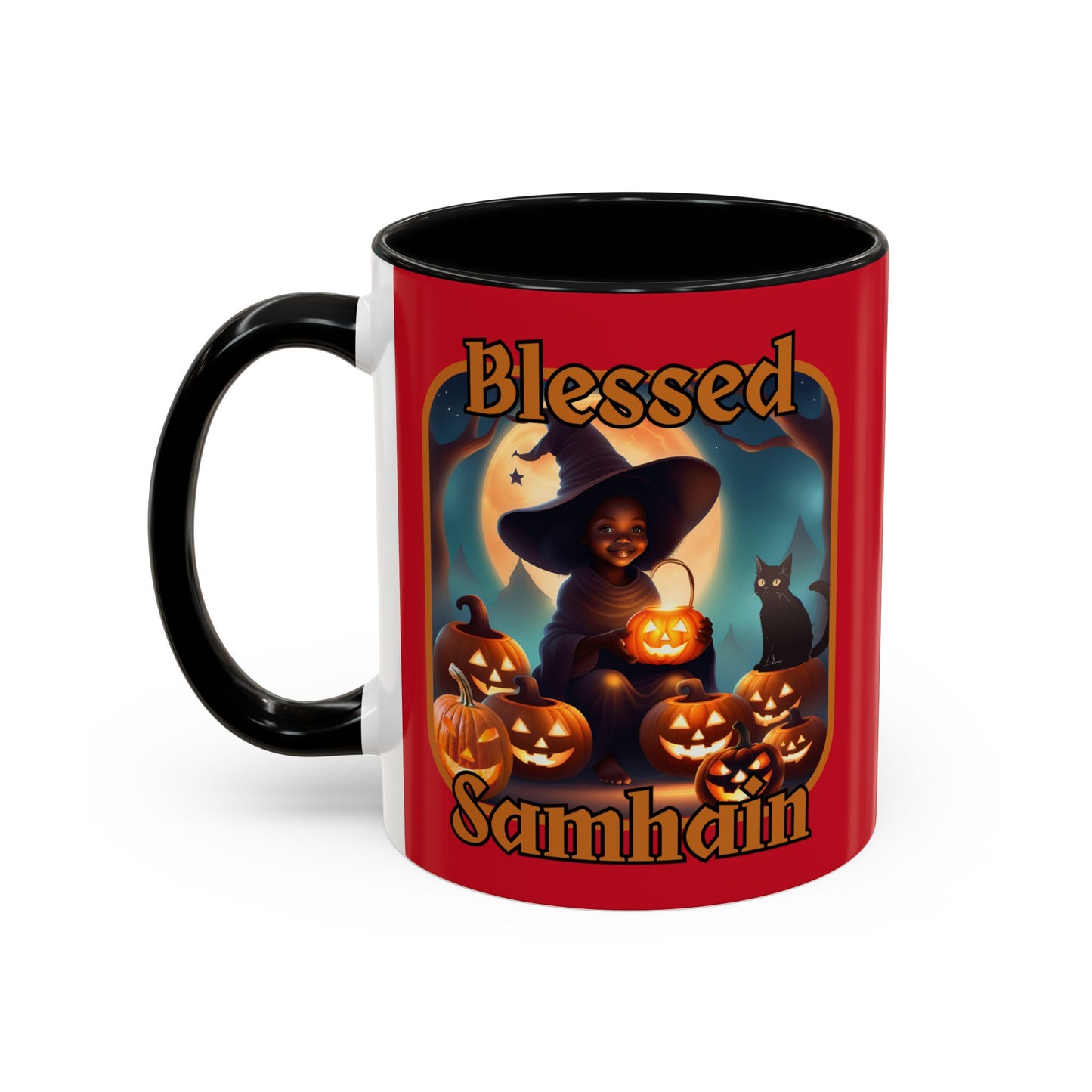 Blessed Samhain Cute Witch Orange font Red Accent Mug by CreepyCrafts.boo