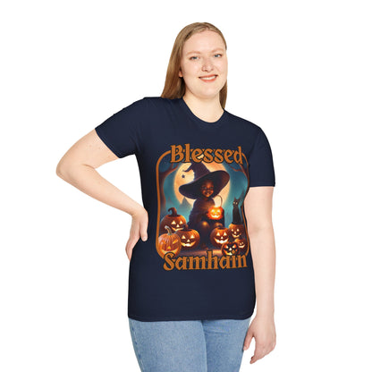 Blessed Samhain Cute Witch Orange font Dark colors Unisex T-Shirt by CreepyCrafts.boo