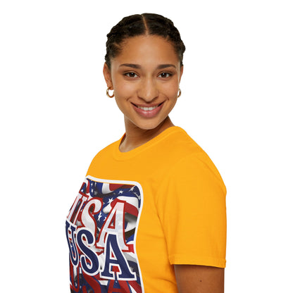 ¡EE.UU! ¡EE.UU! ¡EE.UU! ¡Patriota por cypherpunkgear! Camiseta unisex de estilo suave