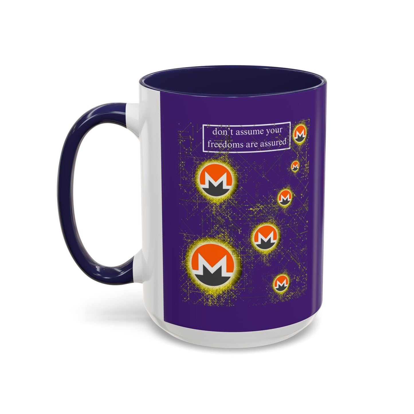 Monero (XMR) don't assume your freedoms are assured Purple Accent Mug by cypherpunkgear.com