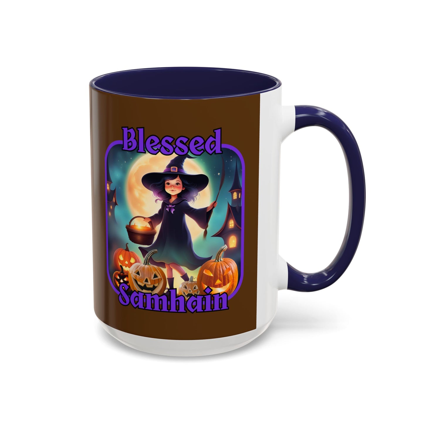 Blessed Samhain Little Witch Purple font Brown Accent Mug by CreepyCrafts.boo