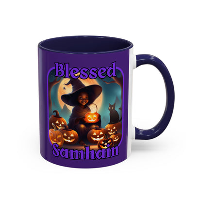 Blessed Samhain Cute Witch Purple font Purple Accent Mug by CreepyCrafts.boo