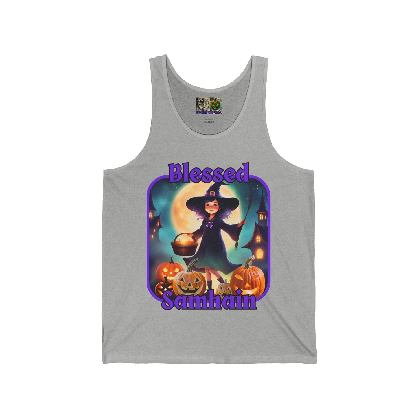 Blessed Samhain Little Witch Purple font Unisex Jersey Tank Top by CreepyCrafts.boo