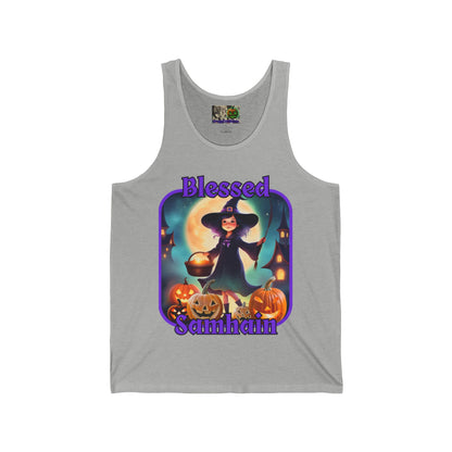 Blessed Samhain Little Witch Purple font Unisex Jersey Tank Top by CreepyCrafts.boo