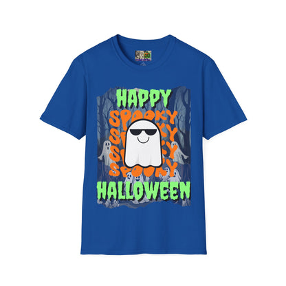 Spooky Happy Halloween Ghost Dark colors Green font Unisex T-Shirt by CreepyCrafts.boo