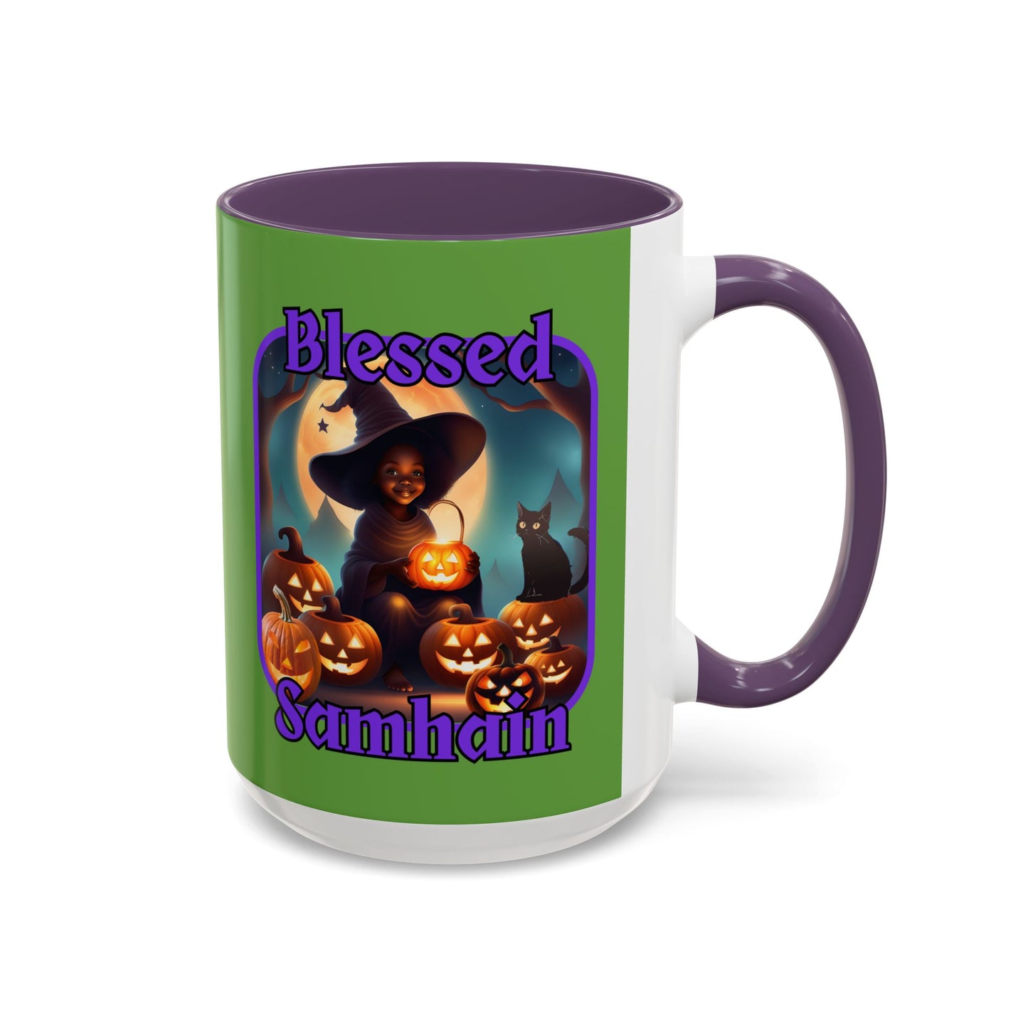 Blessed Samhain Cute Witch Purple font Green Accent Mug by CreepyCrafts.boo